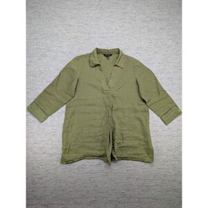 Ellen Tracy Linen Tunic‎ Top Olive Green 3/4 Sleeve Collared Shirt Medium Resort